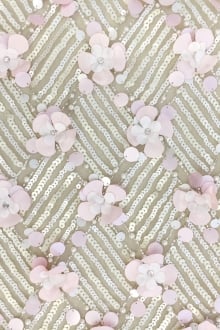 Novelty Sequined Tulle with Baby Pink Floral Appliqués0