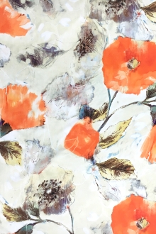 Printed Silk Crepe de Chine with Water Color Poppies0