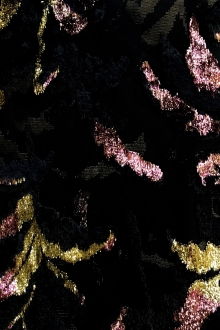 black chiffon with burnout velvet in gold and peach lurex in leaves patterns