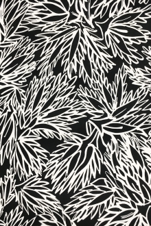 Printed Silk Gazar with Sketched Black and White Leaves0