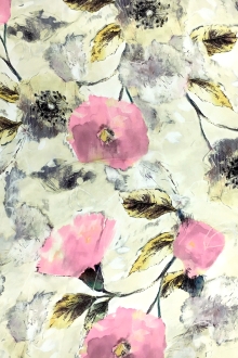 Printed Silk Crepe de Chine with Water Color Poppies0