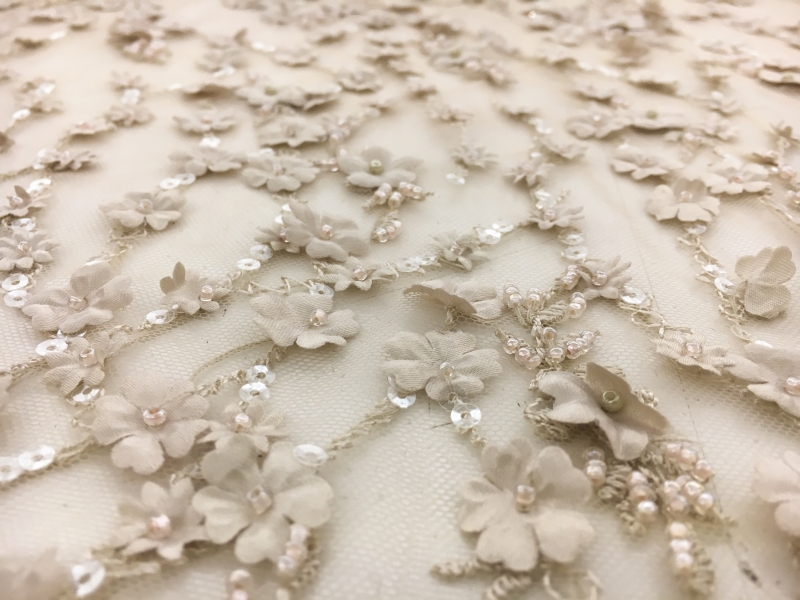 Beaded Tulle with Small Floral Appliques in Sand2