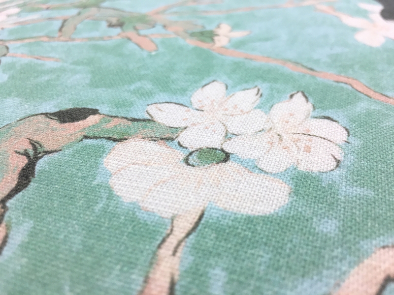 Linen With Birds On Cherry Blossom Print2
