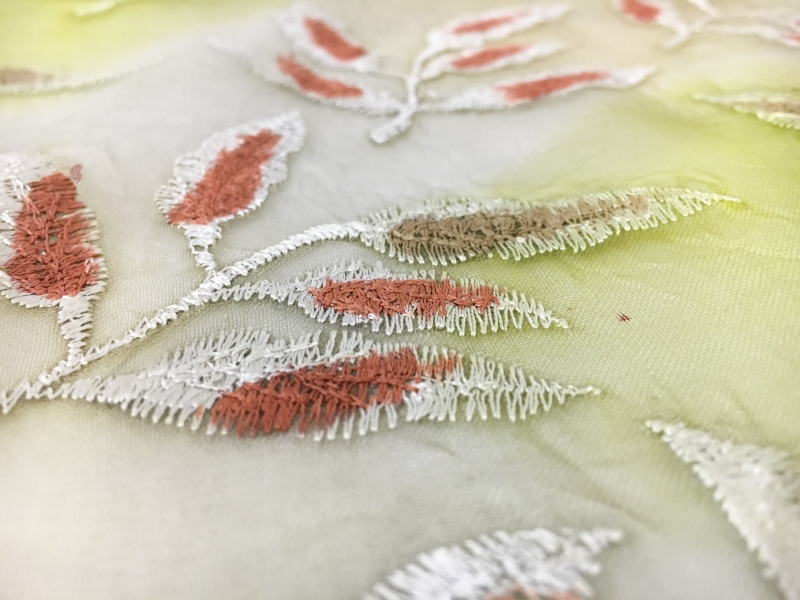 Crinkled Tie Dyed Silk Organza Embroidered with Leaves2