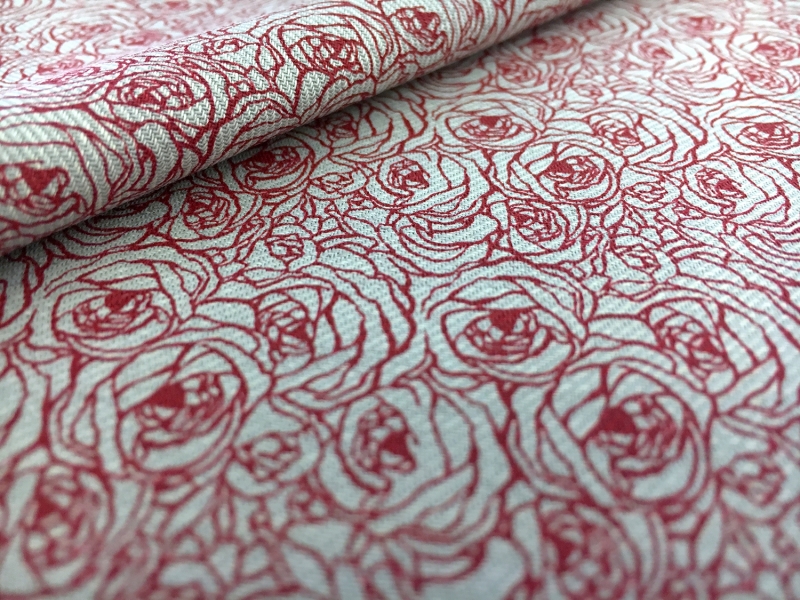 Cotton Twill Shirting Roses Print in Red2