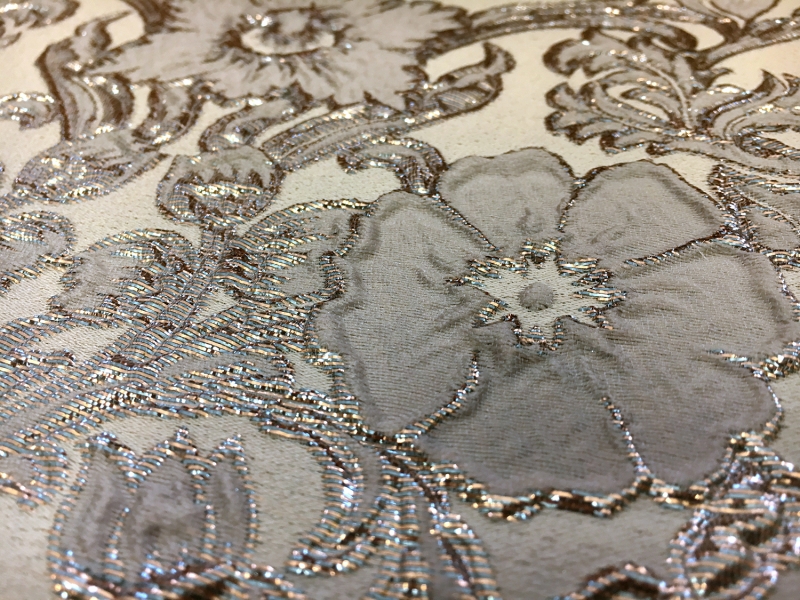 Silk Blend Metallic Cloqué Brocade with Rococo Floral Patterns2
