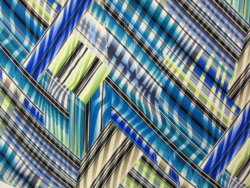 Printed Silk Charmeuse Stripe On Green Blue Orange Background | B&J Fabrics