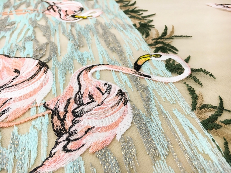 Skin Colored Tulle with Embroidered Flamingo Scene4