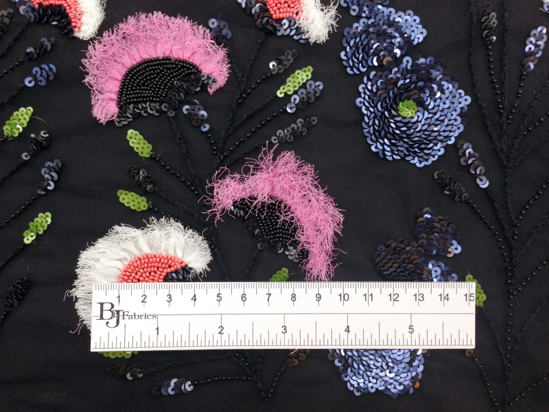 Beaded and Embroidered Tulle with Novelty Fringe Silk Flowers | B&J Fabrics