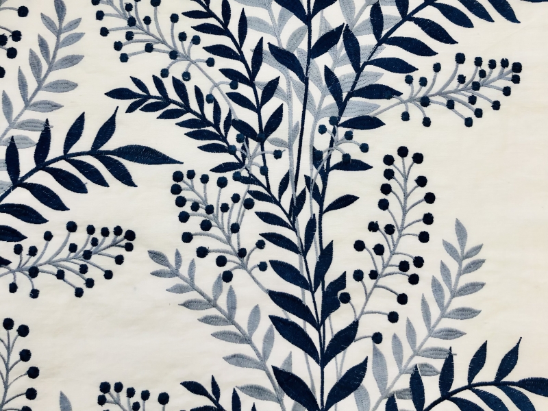 Embroidered Linen in Indigo Off White | B&J Fabrics
