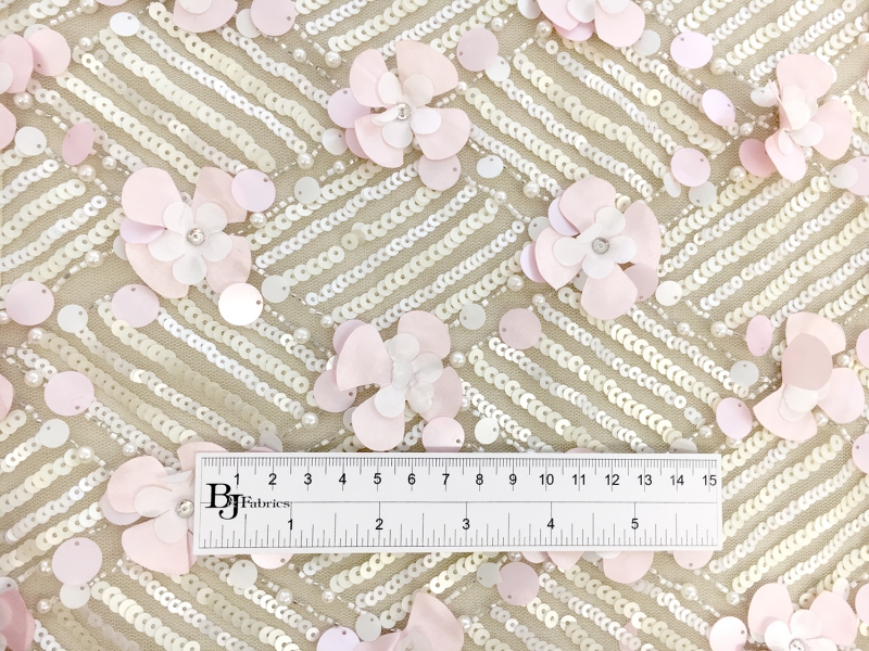 Novelty Sequined Tulle with Baby Pink Floral Appliqués1