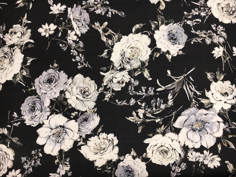 Printed Silk Gazar with Ink Drawn and Watercolor Flowers | B&J Fabrics