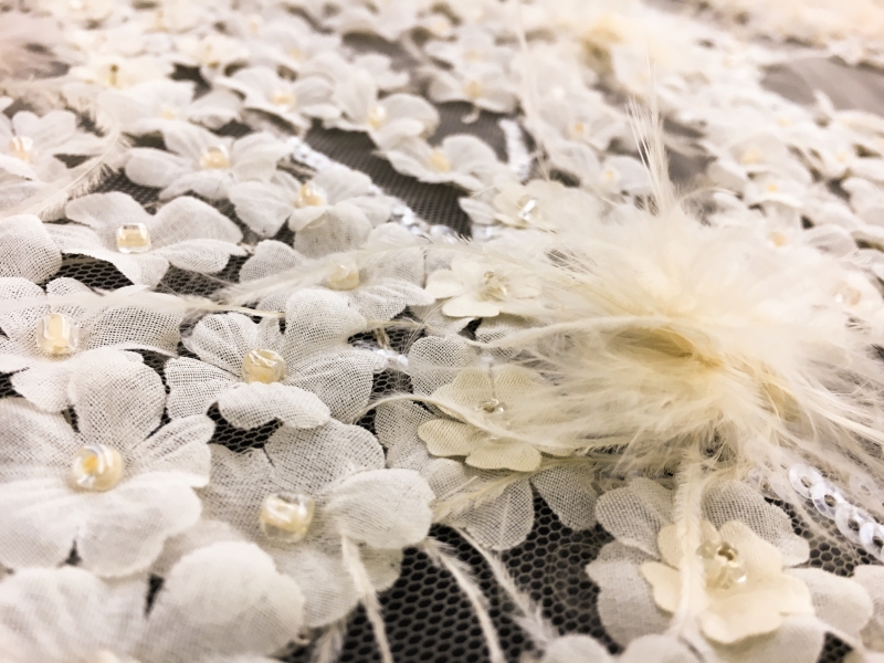 Beaded and Embroidered Tulle with Appliqued Flowers and Feathers in Triangle Patterns2