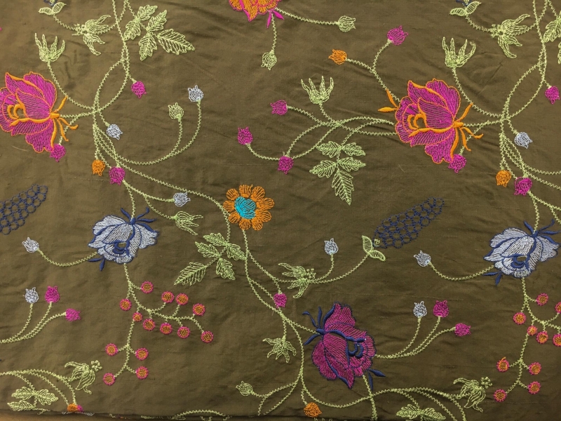 Silk Shantung with Embroidered Floral Paterns on Vines0
