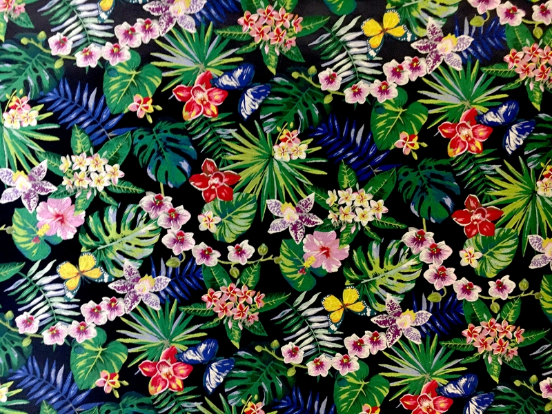 Polyester Jacquard Brocade with Colorful Tropical Florals0