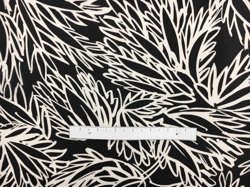 Printed Silk Gazar with Sketched Black and White Leaves1