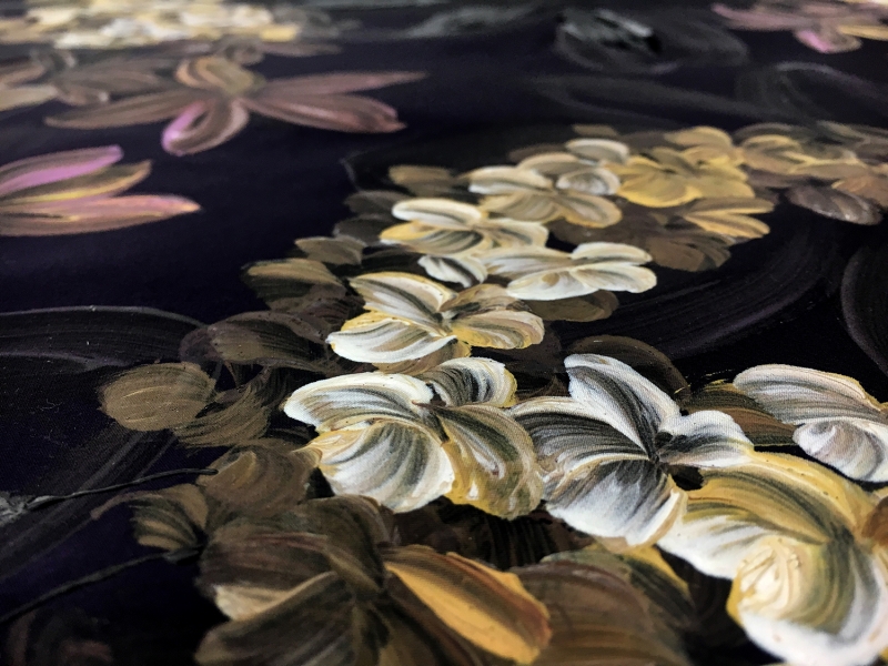 Iridescent Purple and Black Silk Taffeta Panel with Handpainted Flowers3